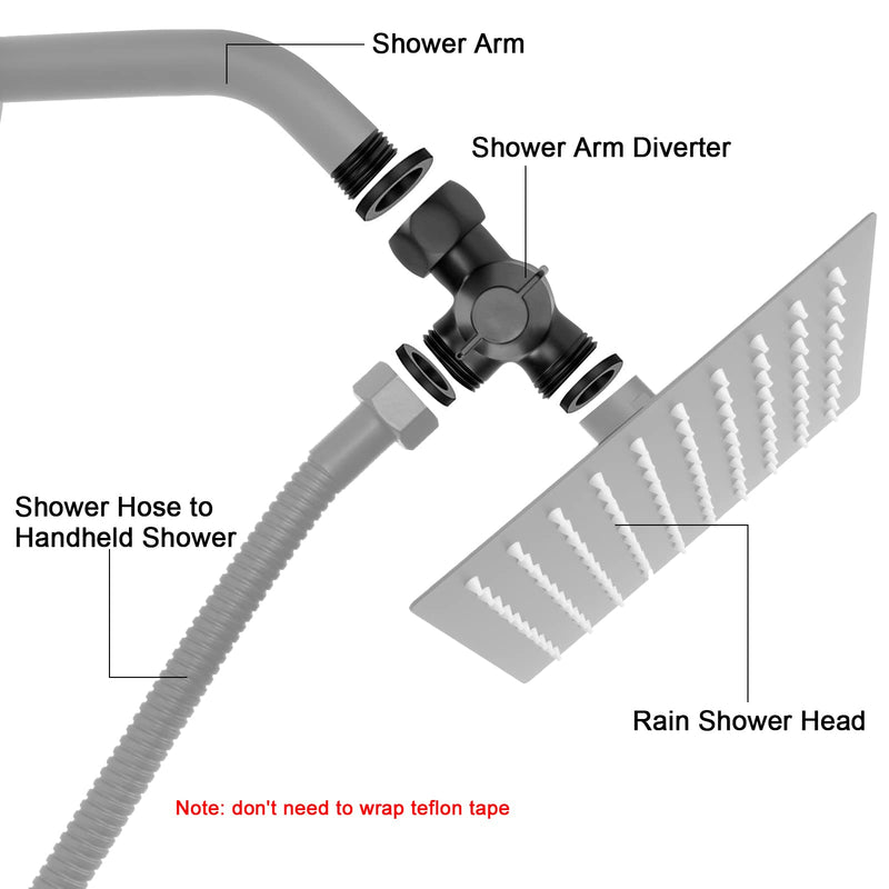 NearMoon Brass G1/2" 3-Way Shower Arm Diverter Valve for Dual Shower Head Combo, Connects Hand Shower and Fixed Spray Head Bathroom Component (Matte Black) Movable Nut Matte Black