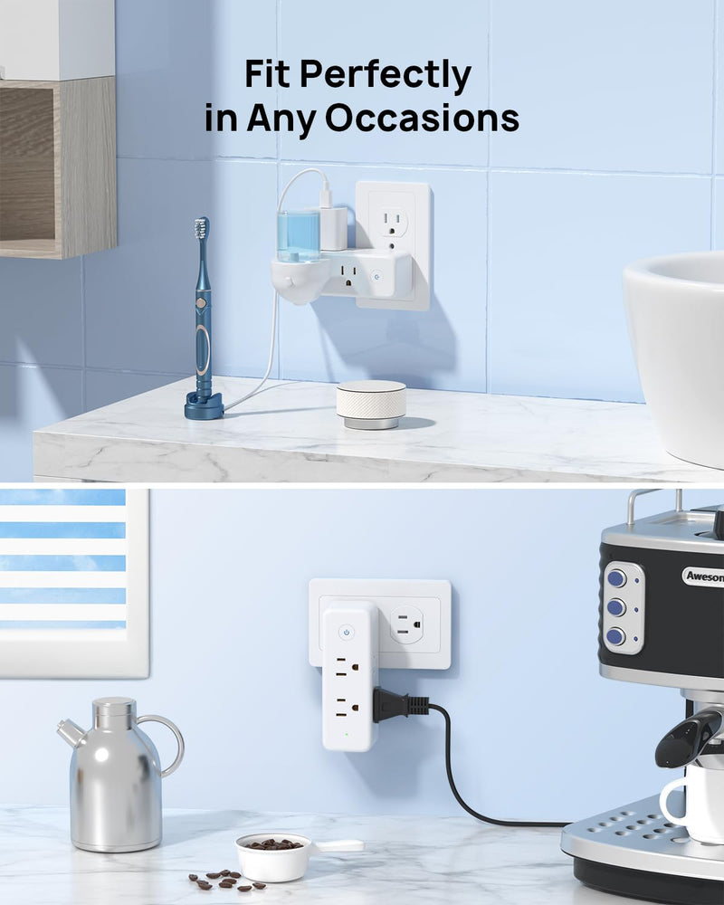 TROND Outlet Extender Surge Protector, 6 AC Outlet Splitter with 360° Rotating Plug, 1440J, 3-Sided Swivel Wall Plug Adapter with Power Switch, Multi Plug Expander for Home Office Travel 6AC White