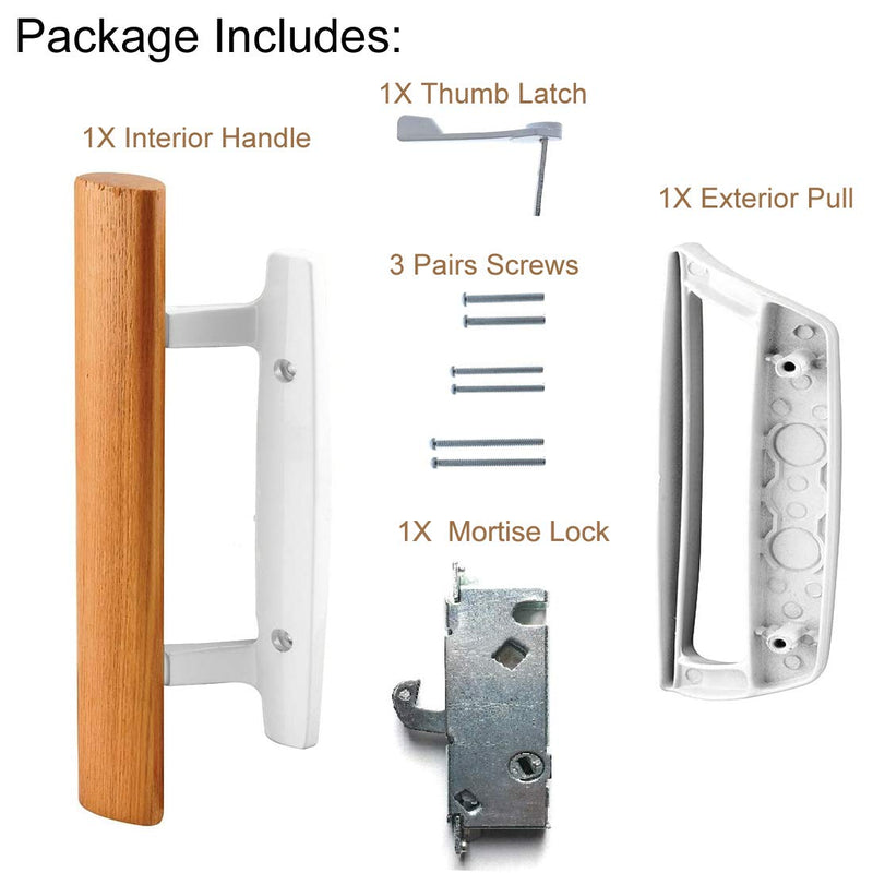 Sliding Glass Door Handle Set Oak Wood Interior Handle and Exterior Pull White Diecast Finish+Mortise Lock 45° Keyway Fits 3-15/16” Screw Hole Spacing, Non-keyed with Latch Locks(White)