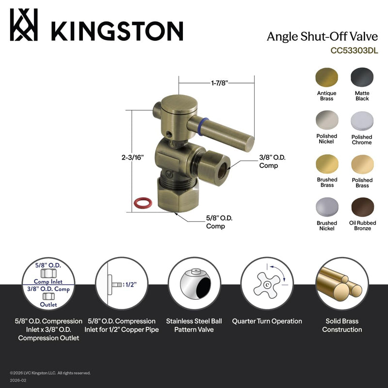 Kingston CC53300DL Quarter-Turn Angle Shut-Off Valve, Matte Black 5/8-Inch OD Comp x 3/8-Inch OD Comp