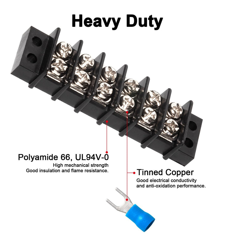 MILAPEAK Terminal Block - 2 Pack 6 Positions 200v-450v 20-30A Dual Row Screw Terminals Strip + 24 PCS Copper Wire Fork Connectors 20 Amps 6 Circuits