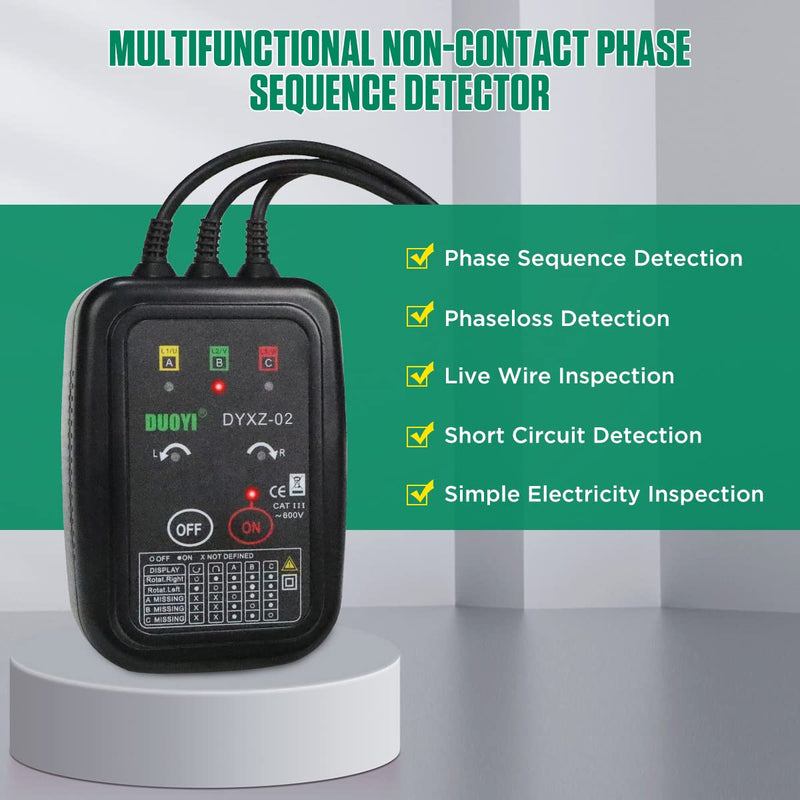3 Phase Rotation Meter Non Contact Phase Sequence Tester 70V-600V AC Voltage Tester Short Detection, Live Wire Inspection Rotation Meter, with 23.62inch Cable Length,Carrying Bag XZ-02