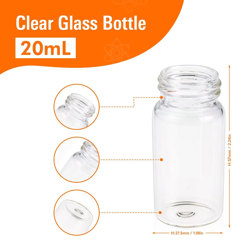 20 PCS 20 ML (5 dram) Clear Small Liquid Sample Glass Vials with Screw Caps, 27.5 mm Diameter x 57 mm Length Leak-Proof Vial, 24-414 Black Screw Cap with PE Liners 27.5*57mm 5 Dram & 20ml Vial