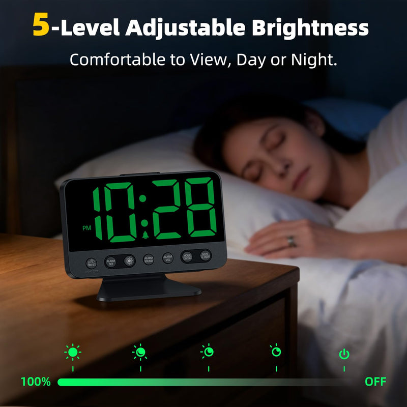 Digital Alarm Clock with Large Numbers for Bedrooms: Bold Display Readable Across The Room with 5 Level Brightness - 5 Alarm Sounds 8 Night Lights for Kids Seniors Teens - Green Black - Green Digits