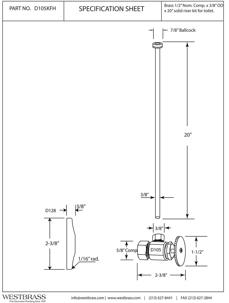 Westbrass D105KFH-01 5/8" x 3/8" OD x 20" Flat Head Riser Supply Line Kit with Round Handle Angle Supply Shut Off Valve for Toilet, Polished Brass 1 Pack