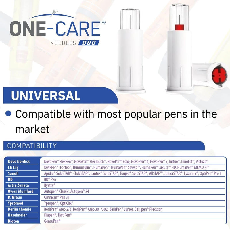 ONE-CARE Duo Safety Pen Tips 30G x 5/16'' (8mm), Dual Shield Auto Protection, Universal Fit, Sterile, 100/bx, Comfortable