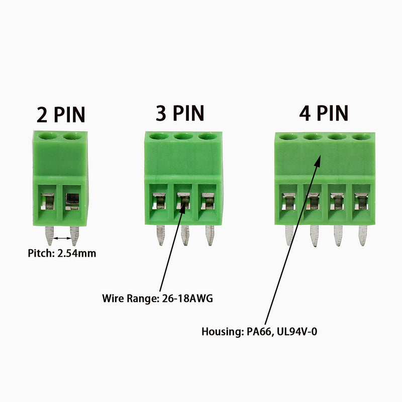 50PCS 2.54mm 0.1" Pitch PCB Mount Screw Terminal Block Connector, 2P 3P 4P Terminals 150V 6A for 26-18AWG Cable