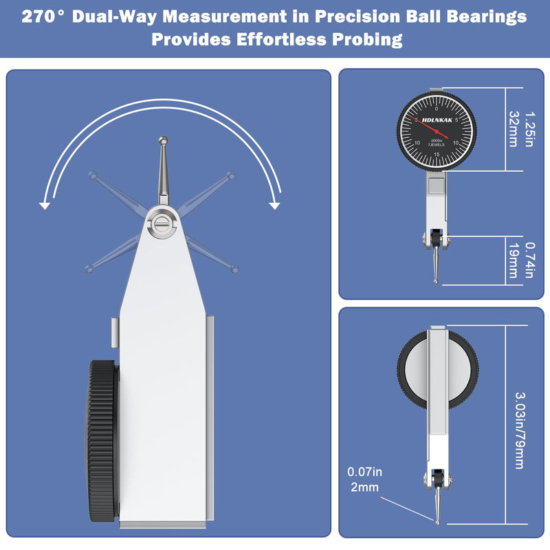 HDLNKAK 0-0.03"/0.0005" Dial Test Indicator with Portable Case, Test Indicator Featuring Three Steel Dovetail Mounts for Machinery Calibration and Tight Space Measurements.