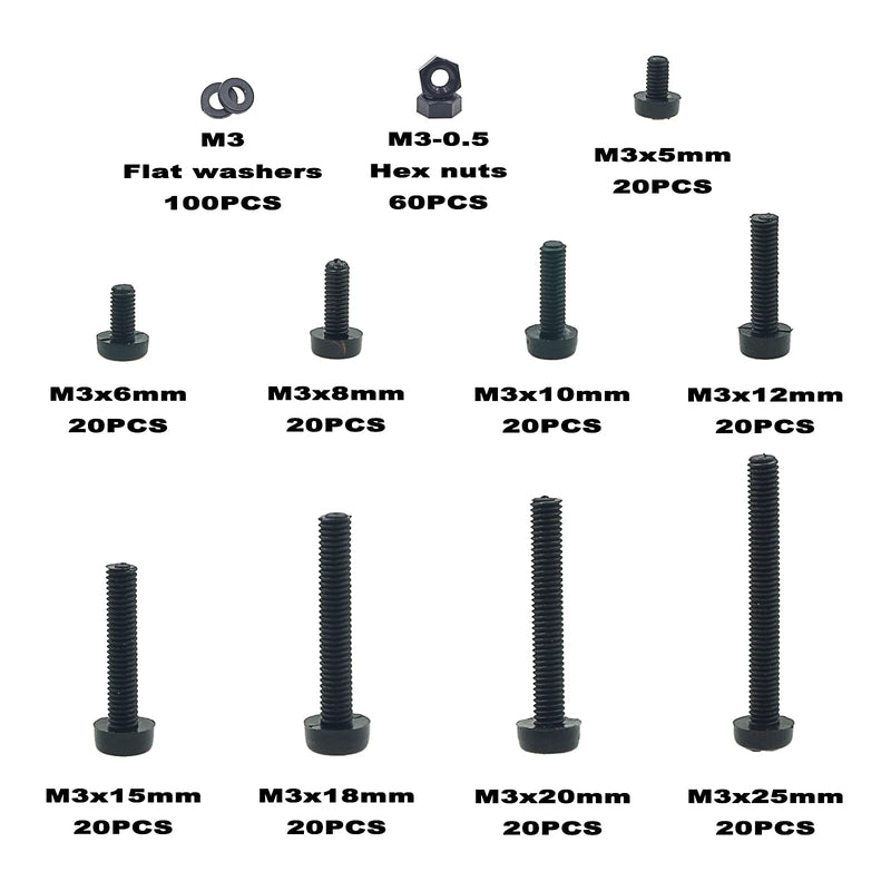 Metric M3 Phillips Pan Head Nylon Screws Nut Washer Assortment Kit,Screws Length:5mm to 25mm(Black)