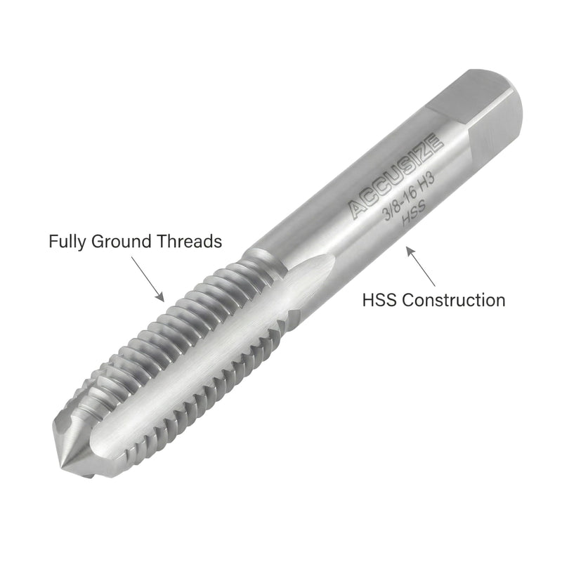 Accusize Industrial Tools Spiral Point Tap, 3/8-16NC, SPT-3/8-16x5 | 5 Pcs HSS, ANSI Standard, Fully Ground, 3 Flute, Plug Style