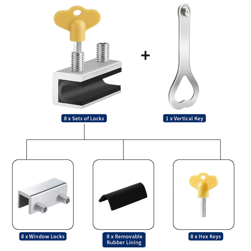 RELIANCER 8 Sets Sliding Window Locks,Aluminum Security Door Window Stoppers,Adjustable Security Window Locks for Horizontal & Vertical Windows Doors,Child Proof Slider Window Locks for Home Safety