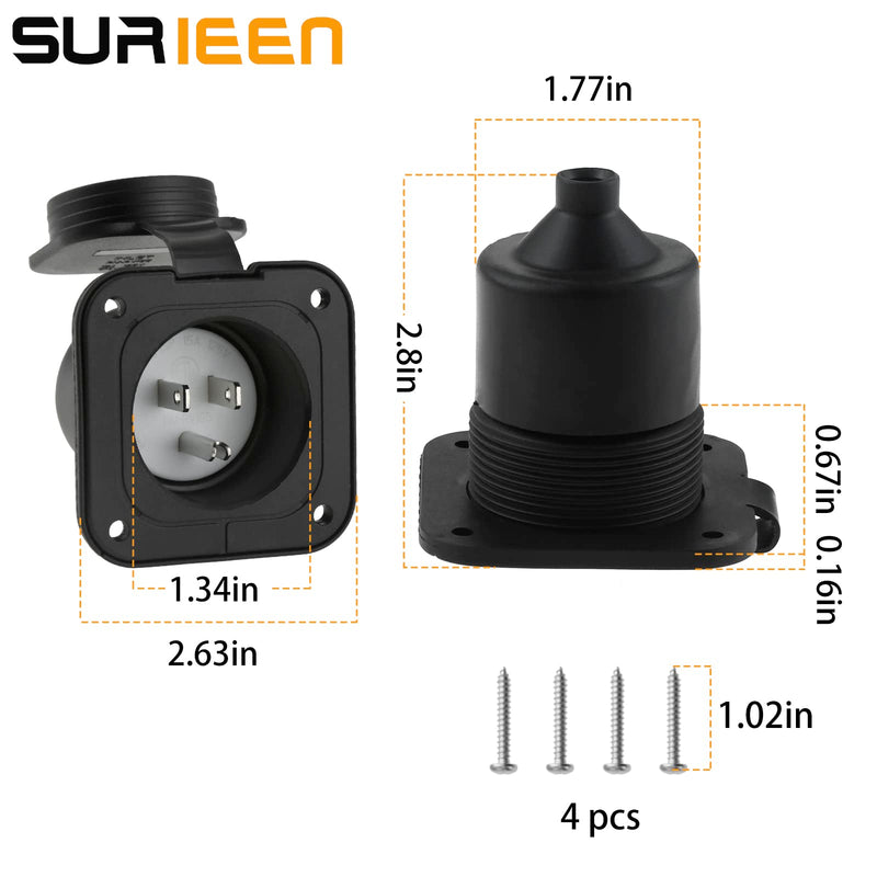 15 Amp Flanged Inlet, 125V NEMA 5-15P Shore Power Inlet Receptacle, AC Port Plug with Waterproof Cover Recessed Male Outlet, 2 Pole 3-Wire Straight Blade Electric Plug for RV Trailer Shed Block Heater