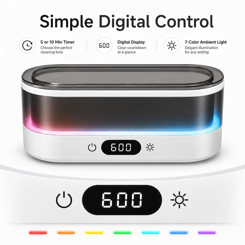 Ultrasonic Cleaner for Jewelry, Glasses & Retainers, 48kHz Sonic Cleaning Machine with 7-Color LED Ambient Light, Digital Timer, Quiet Deep Cleaner for Rings, Dentures & Watches（White） White