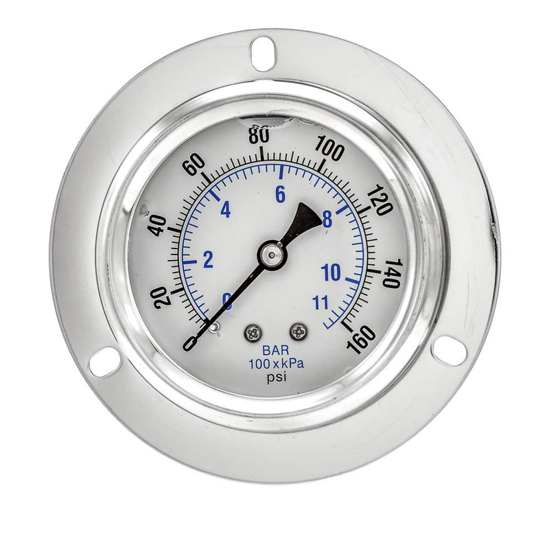 PIC Gauges PRO-204L-254F Panel Mount Front Flanged Glycerin Filled Industrial Pressure Gauge w/ SS Case, Brass Internals, Plastic Lens, 2.5" Dial, 0/160 psi Range, 1/4" Male NPT 0 - 160 PSI