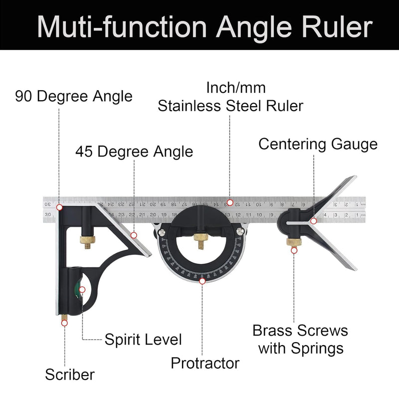 Combination Square,Combo Square 4-in-1 Set with 12 Inch Stainless Steel Ruler,Protractor Head,Center Head Square Head for Woodworking Carpentry DIY Drawing Construction