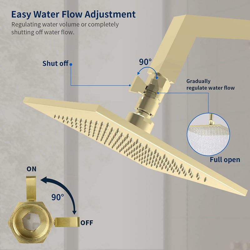 Tenfe Water Flow Control Valve for Shower Head, Glod Adjustable Water Pressure Regulator for Hand Held Shower Head Shut Off Valve, Brushed Brass Water Saver G1/2 Standard Connection