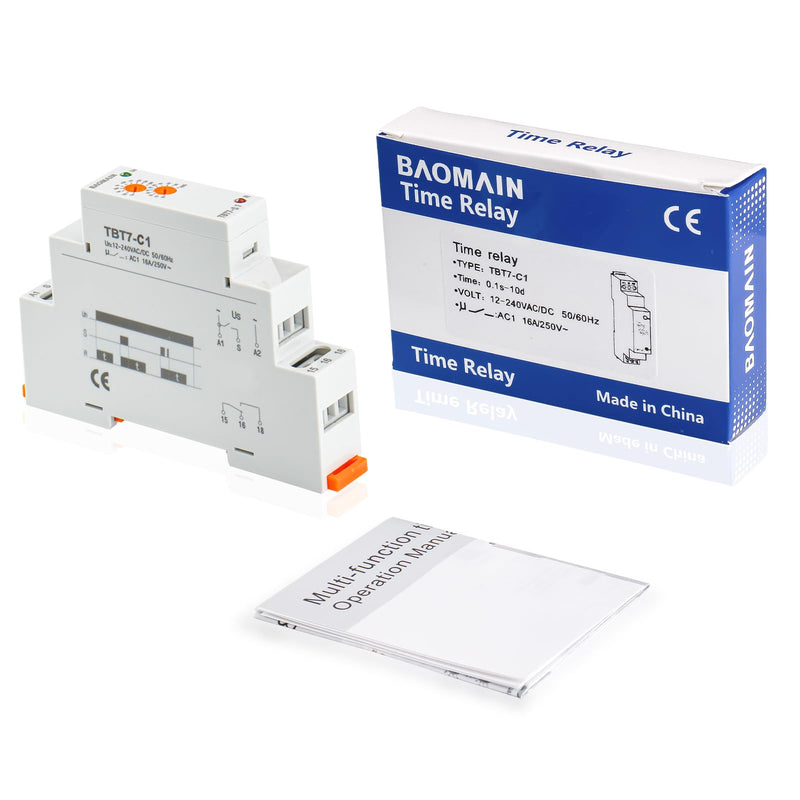 Baomain Multi-Function Time Relay, 16A Delay Off SPDT, DIN Rail Mounting Timer Relay TBT7-C1 (1-SPDT, 12-240VAC/DC)