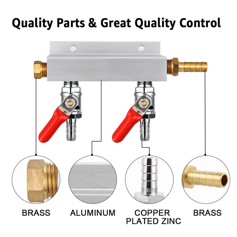 Gas Manifold, CO2 Gas Distributor, 5/16'' Barb Fitting Beer Kegerator Splitter, 2-Way Air Distributor with Integrated Check Valves & Hose Clamps Silver - NewNest Australia