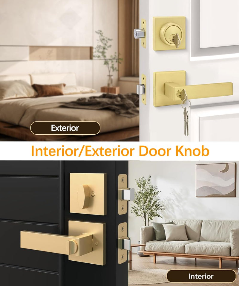 Heavy Duty Gold Exterior Door Handle Set – 5.12-inch Extended Door Lever with Single Cylinder Deadbolt for Entrance/Privacy/Passage/Bedroom Doors (Fits 35-55mm Steel & Wooden Doors)