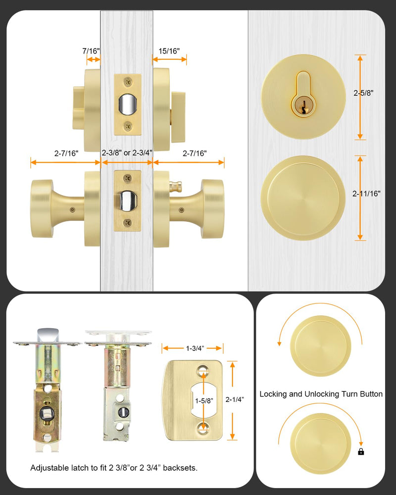 Goldenwarm 1 Pack Gold Door Knob with Deadbolt, Exterior Front Brass Door Knobs and Single Cylinder Deadbolt, Brushed Gold Front Door Locks Set - Zinc Alloy Heavy Dut