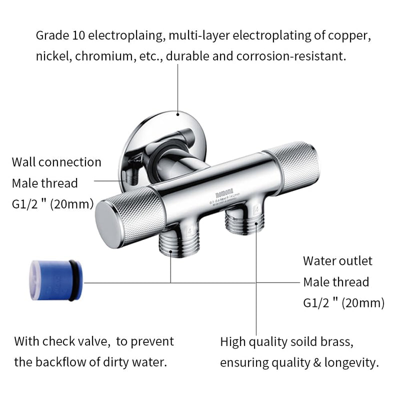 Brass Chrome-Plated Water Angle Valve G1/2" Wall Connection×G1/2" Outlets Combination Valve with Backflow Preventer for Toilet, Basin, Kitchen