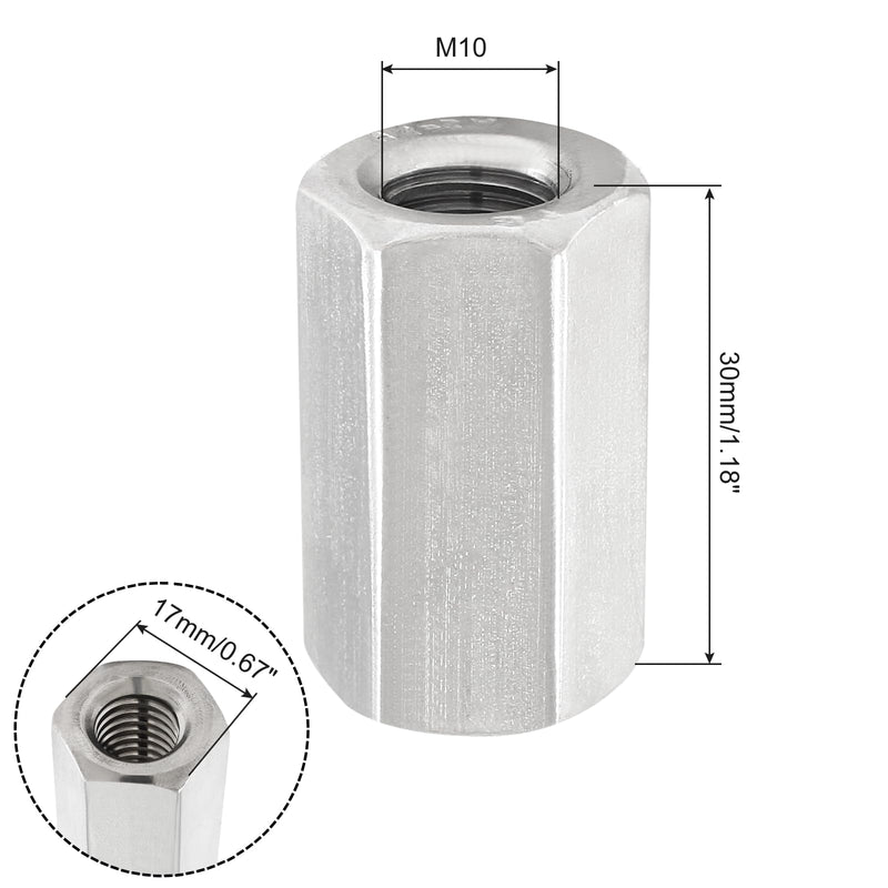 Waziaqoc M10 x 1.5-Pitch Hex Coupling Nut, 30mm Length Rod Coupling Nuts 304 Stainless Steel Long Nuts, 6PCS