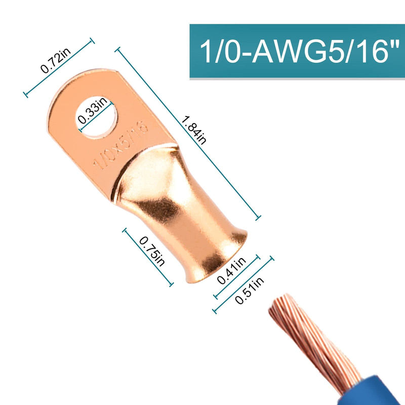 8PCS Battery Cable Ends, 1/0 Gauge Wire Connectors 5/16 Copper Wire Lugs, Bare Copper Eyelets with Heat Shrink Tubing by HOUSUN 1/0AWG*5/16"(M8) 8
