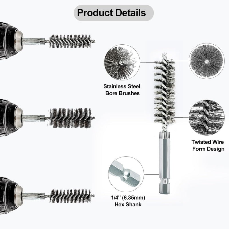 ASNOMY 5Pcs 1" Stainless Steel Bore Brush,25mm Stainless Steel Bristles Wire Brush Bore Cleaning Brush Set for Power Drill Cleaning, Abrasive Wire Brush Stainless Steel Brush with 1/4" Hex Shank 5Pcs 25mm | 1" Inch