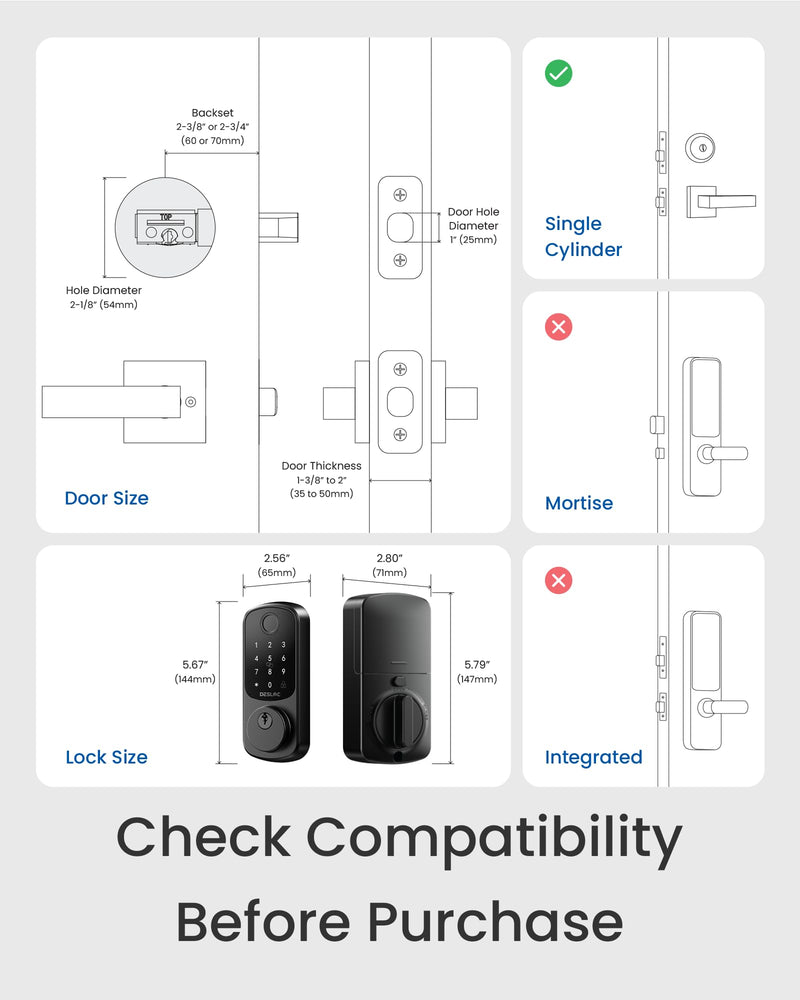 DESLOC Smart Door Lock B200, Smart Deadbolt Lock, Keyless Entry Door Lock, Fingerprint Smart Lock, Smart Locks for Front Door, App Control, Touchscreen Keypad Deadbolts,12-Month Battery, BHMA Grade3 Black