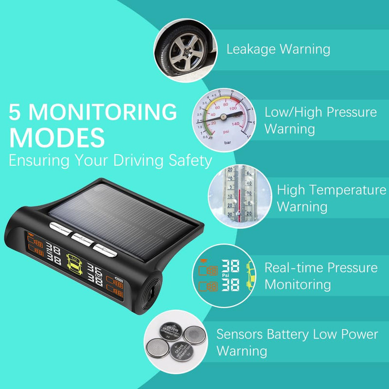 Tire Pressure Monitoring System - TPMS Tire Pressure Monitor System with Solar Charger, TPMS with 4 External sensors & 5 Alarm Modes, LCD Real-time Display, Auto Sleep Mode, Easy to Install(Orange) 4-Sensors-Red