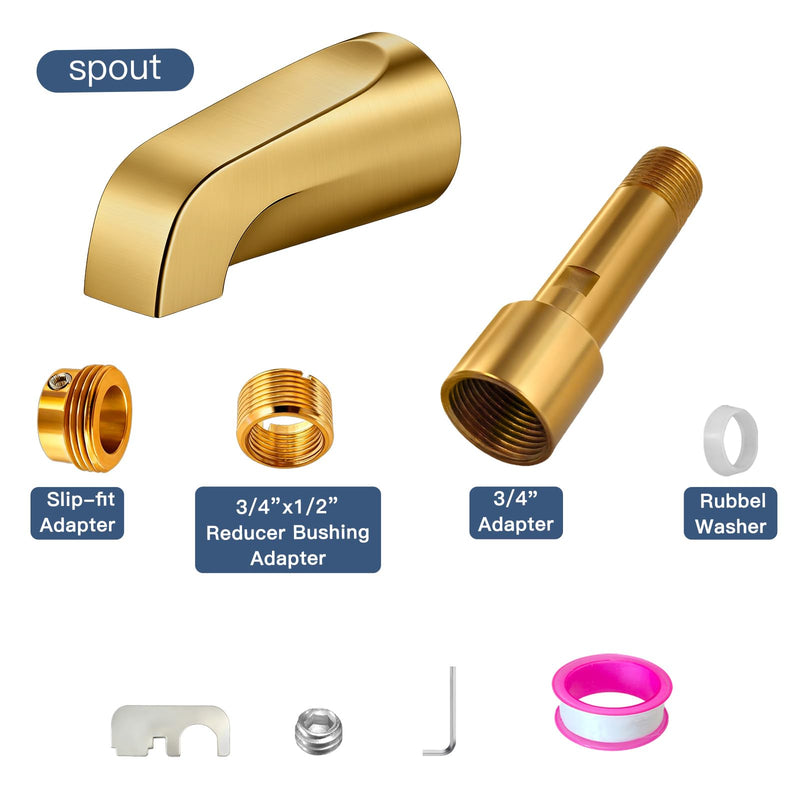 Brushed Gold Bathtub Spout Without Diverter, All Metal,5.3 Inch Tub Spout, Fits 1/2" Copper Slip-On and 1/2" or 3/4" IPS Threaded Pipes, Leak-Free, Slip Fit Tub Spout Without Diverter Brushed Gold