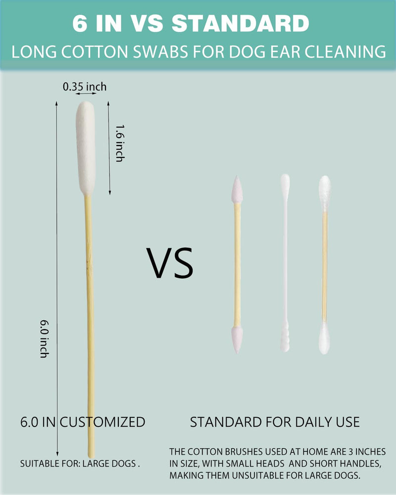 Dog Ear Cleaning Swabs 200 Count – 6 Inch Extra Long Bamboo Cotton Swabs for Dogs & Cats, Large Lint-Free Cotton Tipped Applicators for Ear Wax Removal, Tear Stains & Grooming 6" - 200 Ct (Large Box)