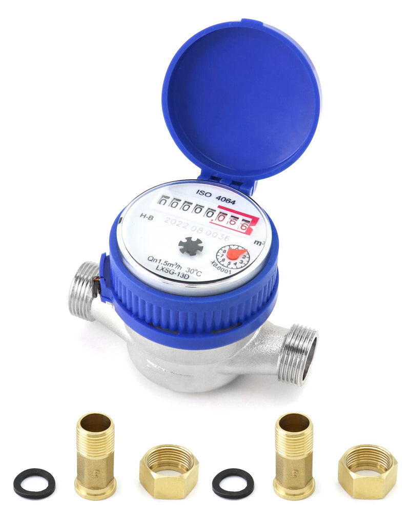 QWORK Water Meter, 1/2" NPT 304 Stainless Steel Cold Water Flow Meter with Pulse Output, for Garden and Home Use, Includes 2 pcs 1/2"NPT Thread Adapter 1 Pack - NewNest Australia