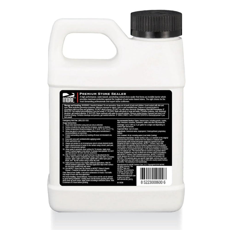 More Premium Stone Sealer - Water-Based Protectant - Granite, Marble, Concrete & Grout Sealer - for Indoor & Outdoor Use - Protects Against Oil, Water-Based Stains - Unscented - (16oz) Pint