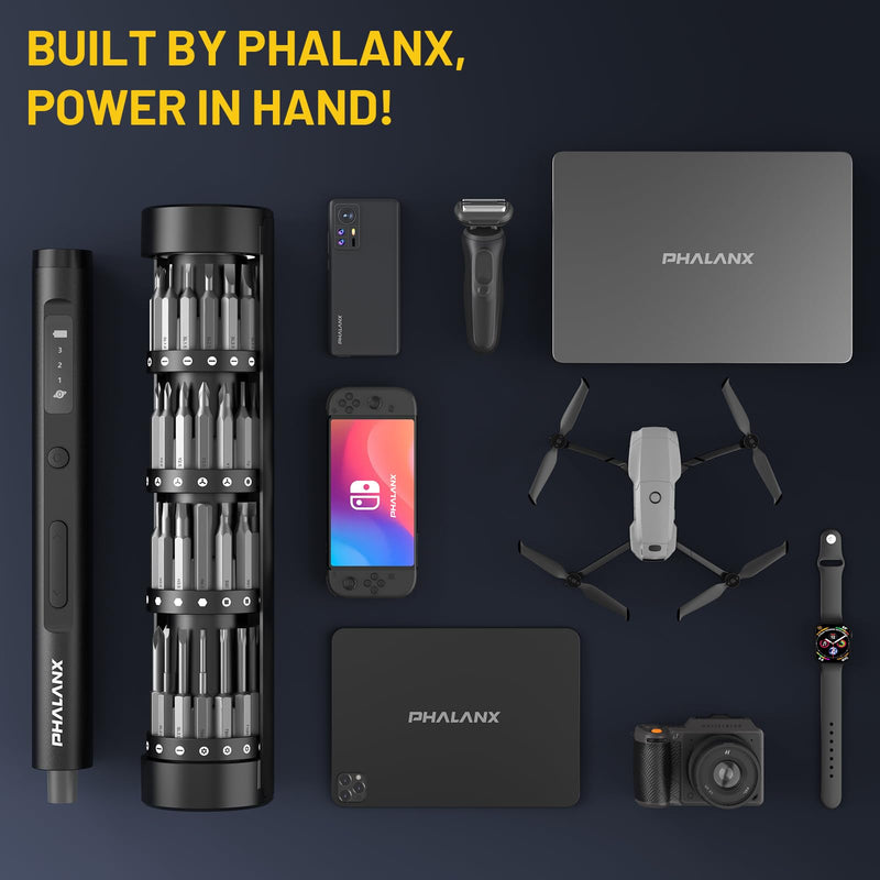 PHALANX Mini 3.7V Electric Screwdriver - Precision Screwdriver Set with 60-in-1 Magnetic Bits, Magnetic Rotatable Rack, 5/32''Hex, Electric Screwdriver Cordless for Phone, Camera, Laptop, Watch Black