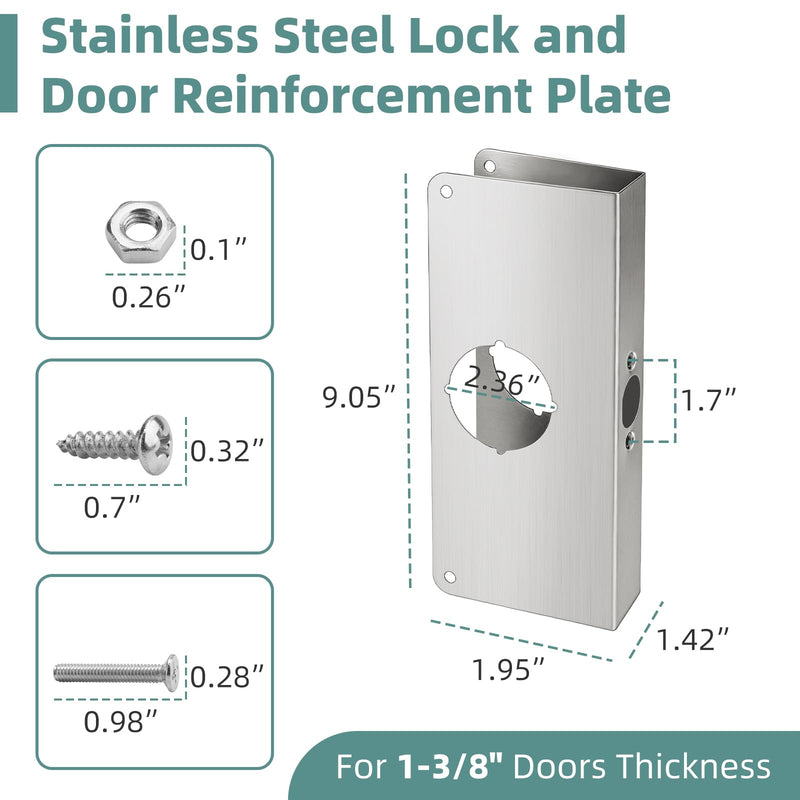 Door Lock Reinforcement Plate U 9585 Stainless Steel for 1-3/8 in Thick Doors, Use to Reinforce and Repair Both Metal, Fiberglass & Wood Doors - 2 Pack