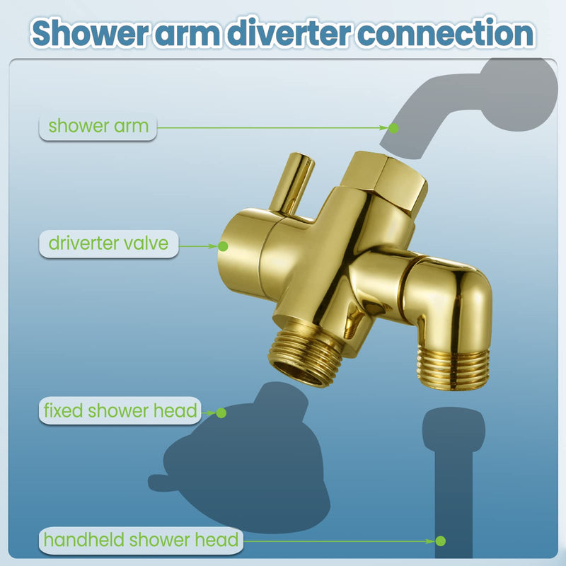 Brass Shower Diverter Valve for Handheld Shower Head and Fixed Spray Head G1/2 3 Way Universal Bathroom System Component Replacement Part, Polished Gold