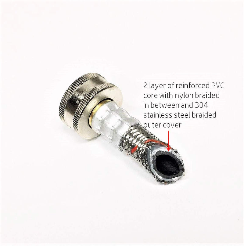 2-pack premium stainless steel washing machine hoses - 5 FT no-lead burst proof red and blue lined water inlet supply lines - universal 90 degree elbow connection - 10 year warranty