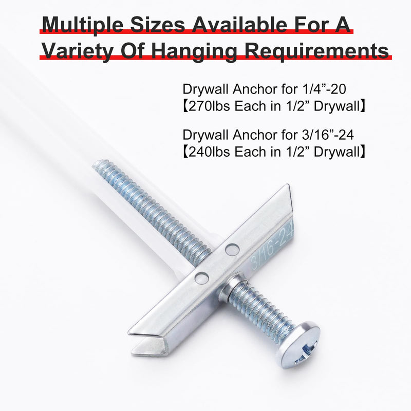 Drywall Anchor with Included Bolts for 3/16”-24, Heavy Duty Hollow Drywall Anchors for TV Mounting Kit, Stainless Steel Hollow Wall Anchors Holds up to 240 lbs Each in 1/2-in Drywall-14 Pack 3/16"-24：Pack of 14