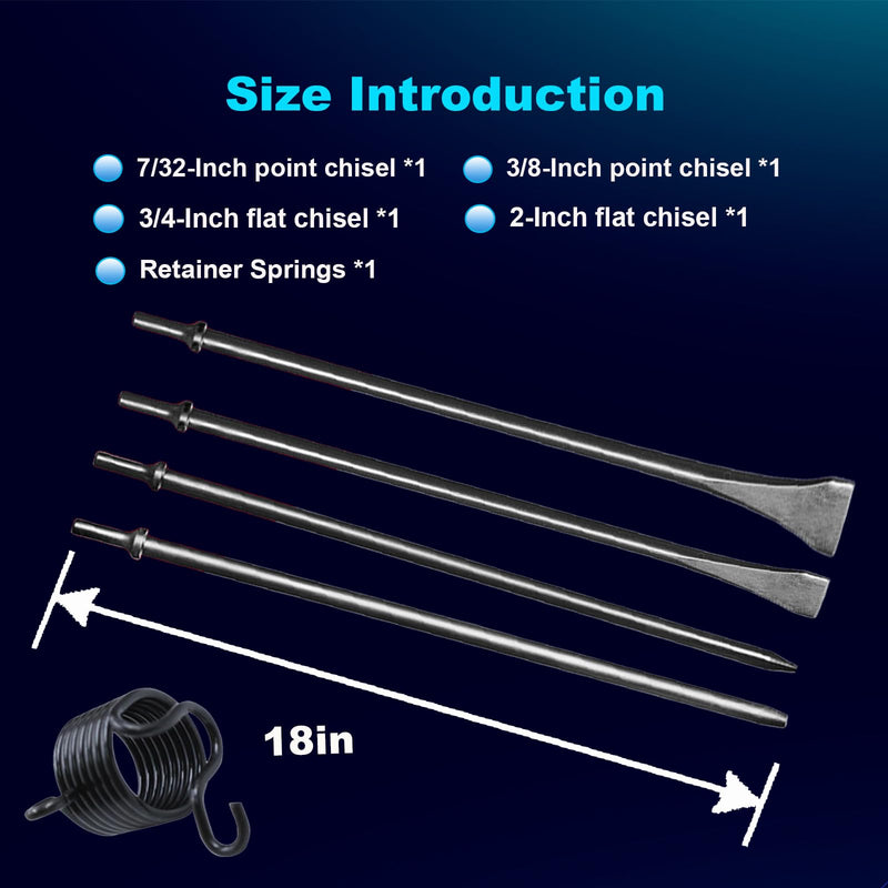 Pneumatic Air Chisel Set with Air Hammer Spring, 7/32" x 18" Point Tip，3/8" x 18" Point Tip，3/4" x 18" Flat Chisel, 2" Wide 18" Long Scaling Chisel Floor Scraper, 0.401 Inch Shank Air Tool