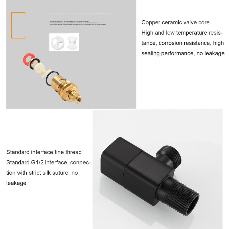 G1/2" Square Angle Valve, 2Pcs Brass Mixer Water Stop Valve Shut Off Valves for Shower Flow Control Valve Bathroom Toilet Washbasin Accessory Black*2pcs