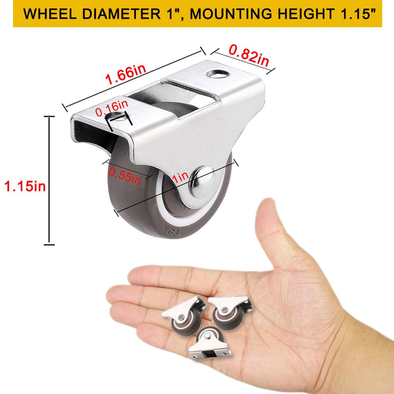 4Pcs Mini Rigid Caster Wheels 1 Inch, Low Profile Rubber Rolling Wheels with Steel Top Plate, Little Casters Wheels for Furniture, Under Bed Storage Drawers, Load Capacity 106 Lbs,Non Swivel 4 1 Inch Wheel