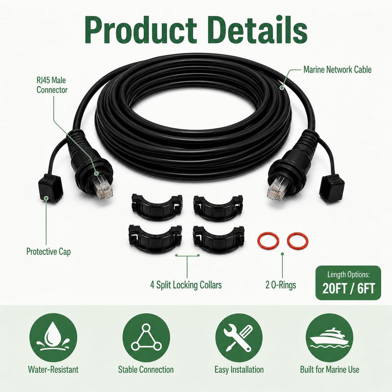 6ft Marine Network Cable, RJ45 Male to Male Ethernet Cable Compatible with Garmin GPSMAP, ECHOMAP UHD/Ultra, Fish Finder, Radar, GMR, GMS 10, GCV & GSD, Replacement for 010-10550-00 6FT
