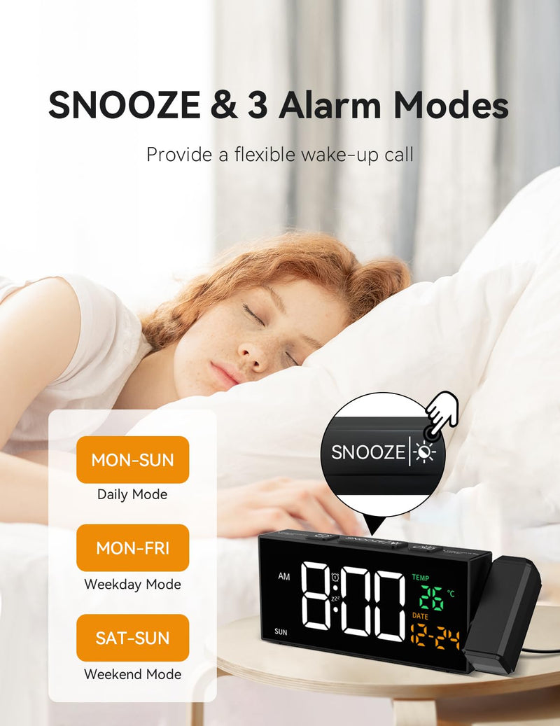 Netzu Projection Clock for Bedroom Ceiling, Alarm Clocks with 180° Rotatable Projector, Date Temperature and Weekday, Manual DST, 5 Brightness, 10 Ringtones, 4 Volumes and Snooze (Black) Black