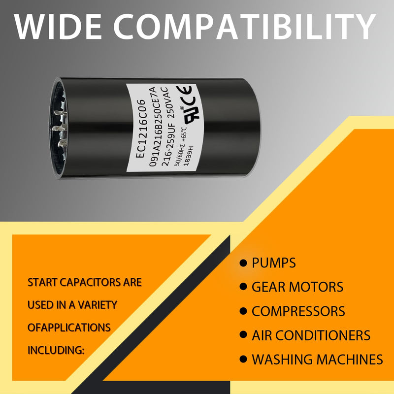 EC1216C06 Upgraded Start Capacitor 216-259uF 250V | Exact OEM Replacement For EC1216C06, Wide Compatibility Durable Reliable Powerful Motor Startup