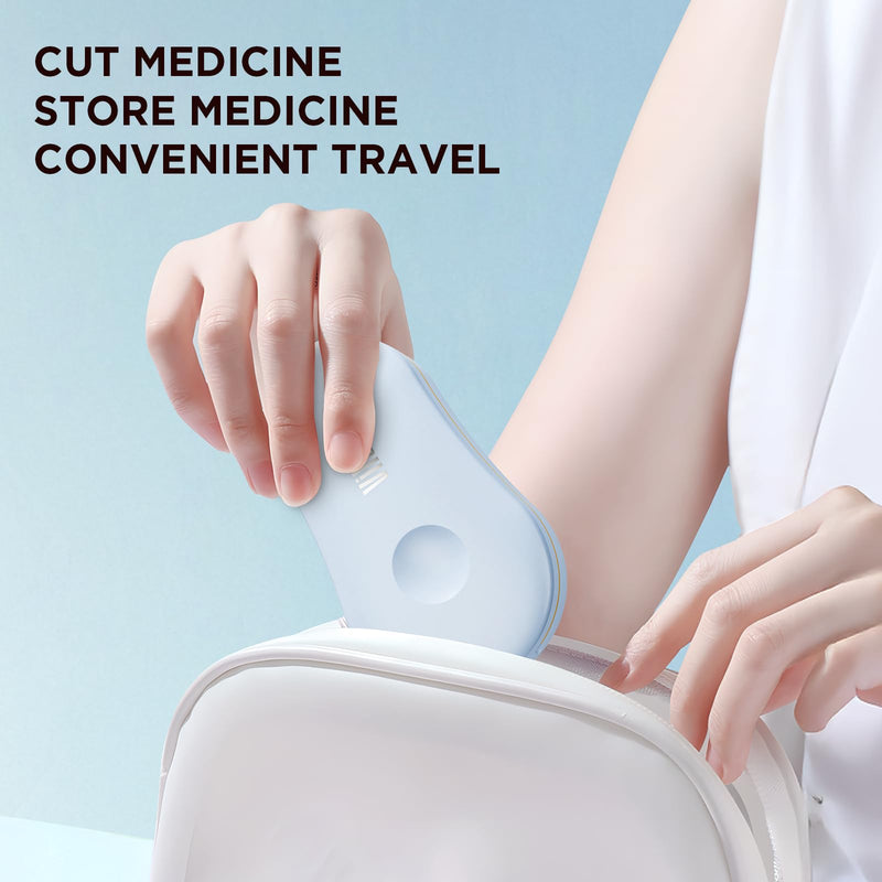 Pill Cutter for Small and Tiny Pills - Pill Splitter with Detachable Silicone Pad - Easy Open Snap Button. Wrap-Around Blade Guard Prevents Cuts. Back Storage (Blue) Blue