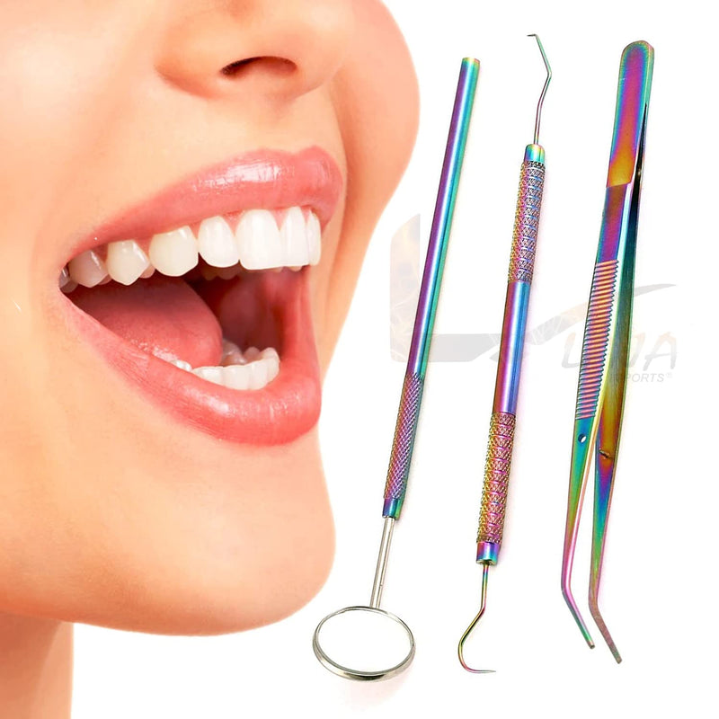 Dental Hygiene Set - 3Pcs Basic Dental Instruments Stainless Steel Dental Rainbow Tooth Pick, Mouth Mirror/Cotton Plier/Dentists Tools is Ideal for Personal Use & Pet Friendly for Educational Use