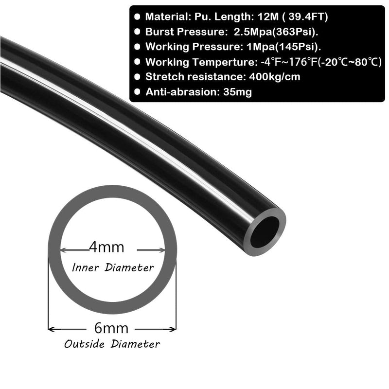 Beduan 6mm x 4mm Black Pneumatic Tubing Pipe PU Polyurethane Air Compressor Tubing Hose Pipe Line Fluid Transfer 39.4ft 12 Meter 6mmx4mm-39.4ft