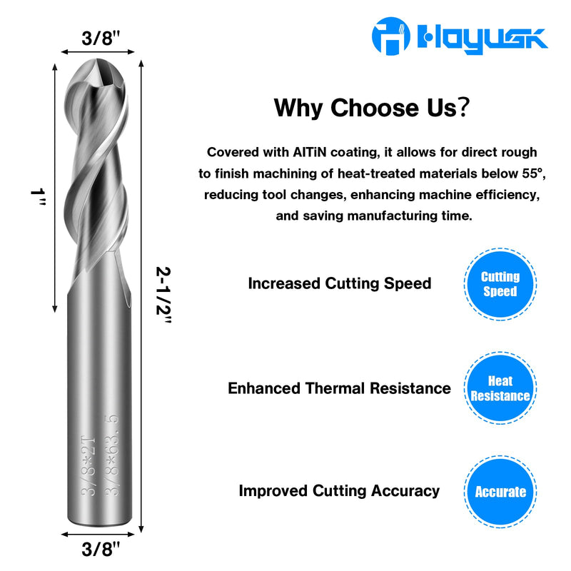 3/8" Carbide Ball Nose End Mills - 2 Flutes End Mill Bits, Tungsten Milling Bit CNC Cutting Tools for Stainless Steel, Forge Steel, Hardened Steel, Copper, Alloys & More 3/8 in 1