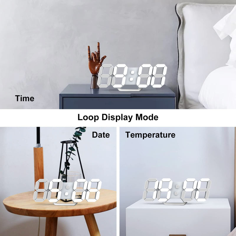 Deeyaple LED Clock, 3D Digital Wall & Desk Alarm Clock with Snooze, Dimmable Display, Time Memory, 12/24H Date & Temperature, Remote Control Night Light for Bedroom, Office, Kitchen, Home (White) White